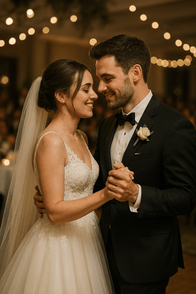 Pareja de recién casados bailando en su boda, salón decorado con luces cálidas. La novia lleva un vestido blanco con encaje y tul, mientras el novio viste esmoquin negro. Ambos sonríen mientras se miran y bailan rodeados por invitados sentados